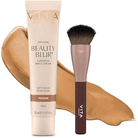VITA LIBERATA Beauty Blur Medium 30ml & Brush Bundle, BB/CC Cream, Hydrating complexion booster, Radiant Glow & Flawless Finish, Colour Corrector, Tinted Primer, Flawless application blending brush