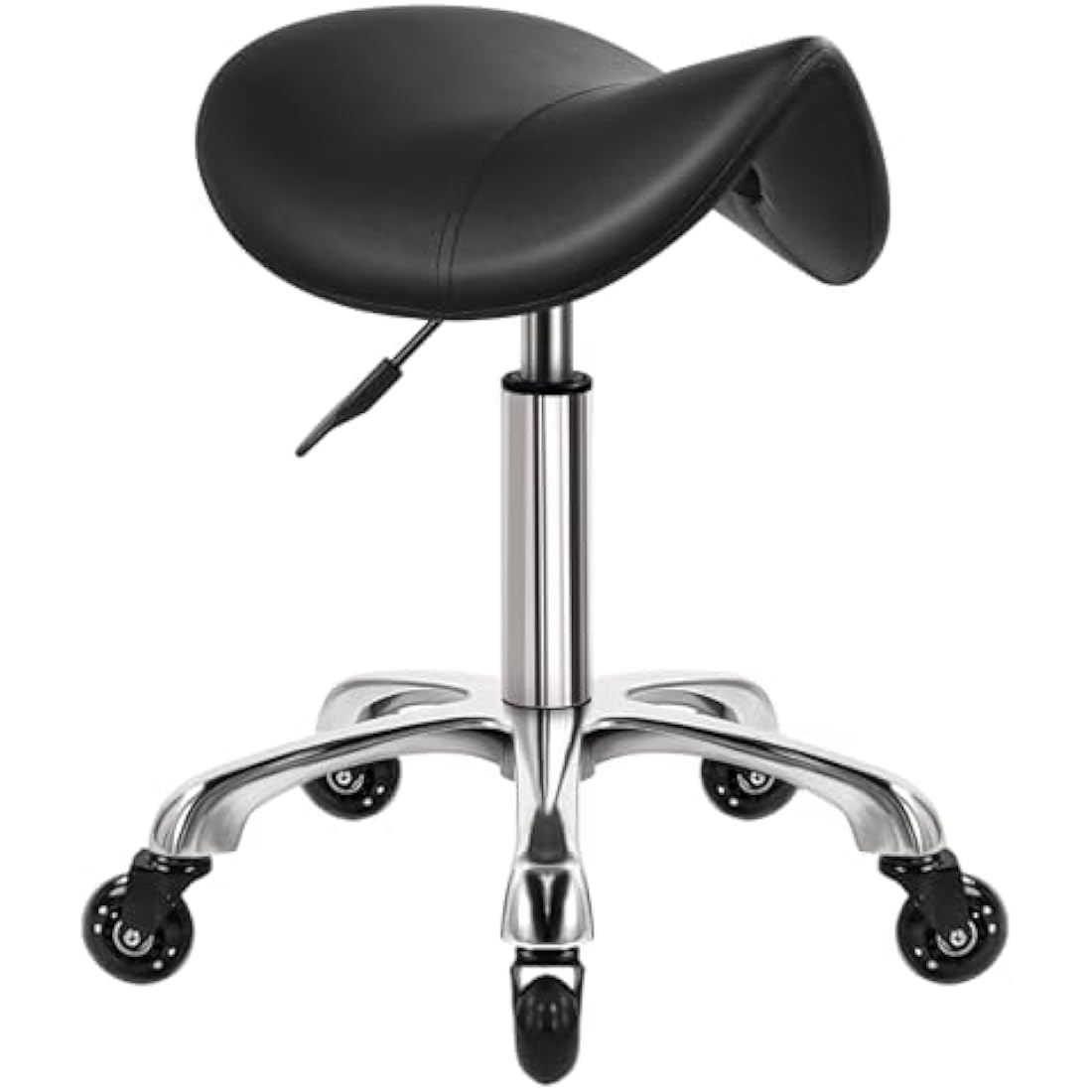 WKWKER Saddle Stool On Wheels Swivel Adjustable Thick Leather Seat Beauty Chair For Kitchen Drafting Lab Office Massage Black