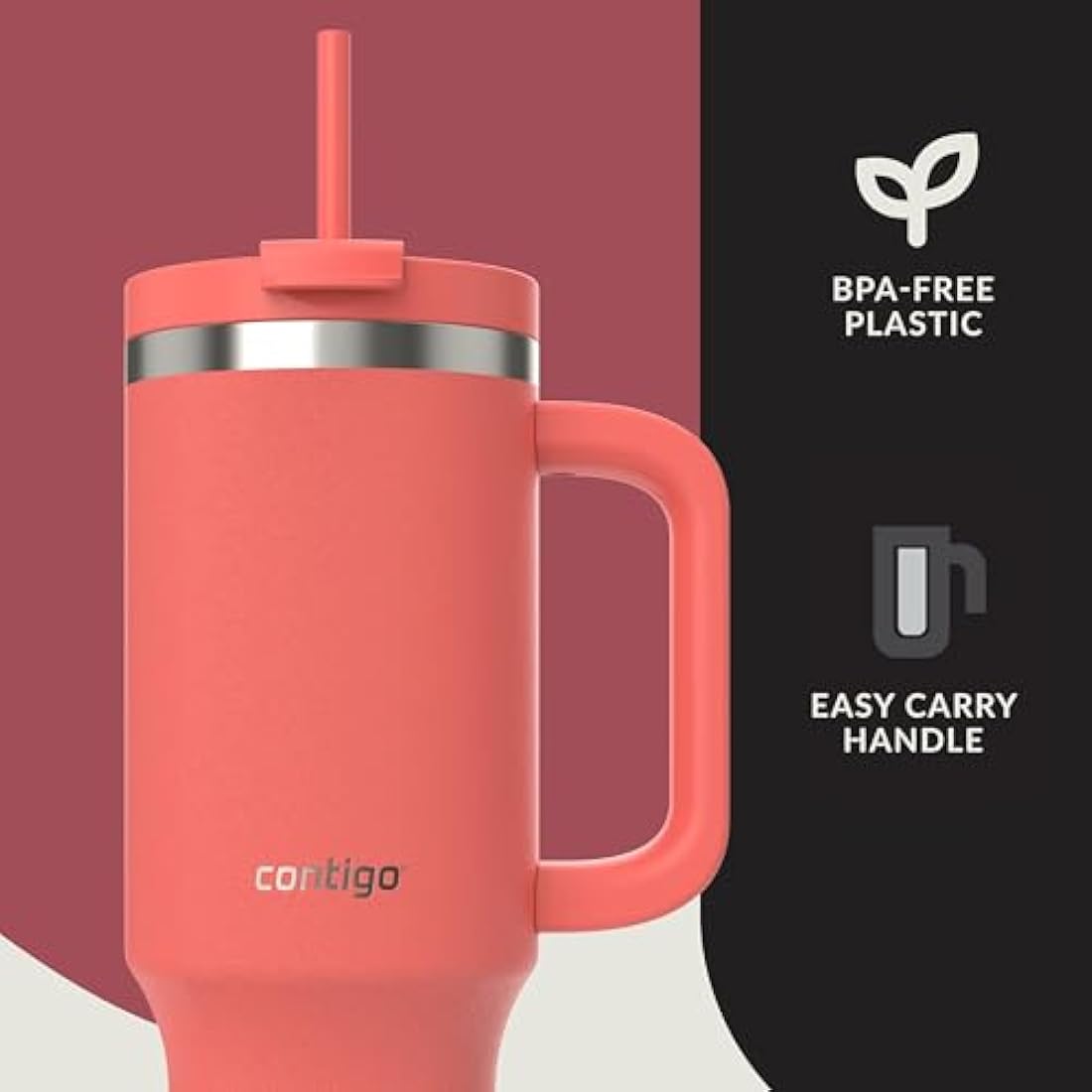 Contigo Streeterville Tumbler 1200 ml with Handle, Stainless Steel Vacuum Insulated Water Bottle with Straw and Lid, Cold for 29 Hours, Travel Mug, Thermal Flask, BPA Free