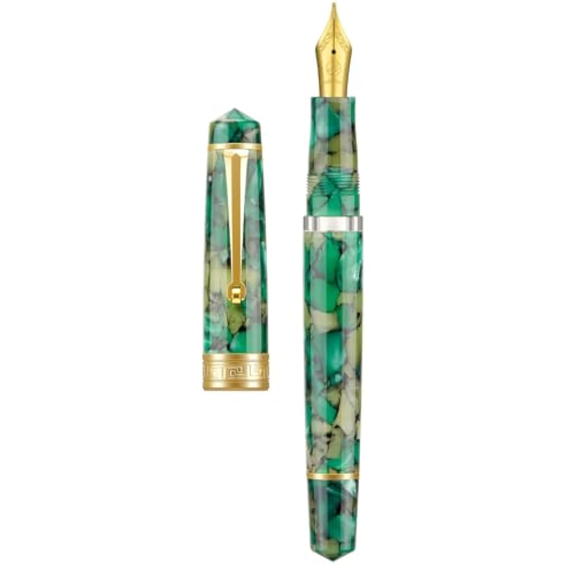 Asvine P20 Piston Fountain Pen Green Marble Acrylic, Medium Nib Gold Trim Smooth Writer Collection with Case Set