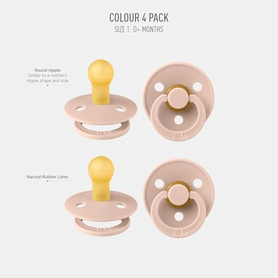 BIBS Dummies Colour 4-Pack, BPA Free Dummy Pacifier, Round Nipple Soothers, Natural Rubber Latex, Made in Denmark, Size 1 (0-6 Months), Blush