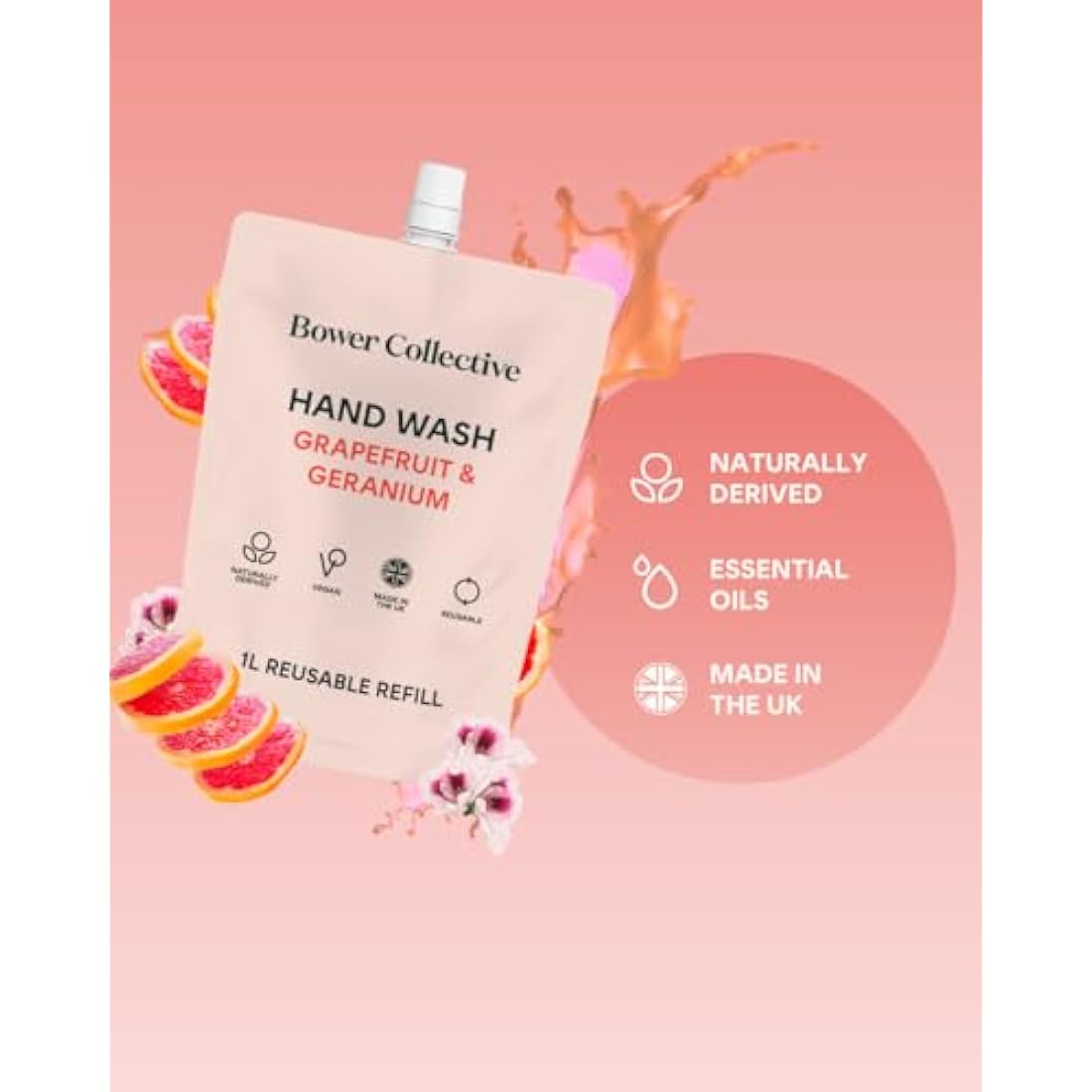 Bower Collective Natural Antibacterial Liquid Hand Soap Refill, Geranium & Grapefruit Handwash Refill, Eco-Friendly Soap, 1 Litre, 300+ Washes