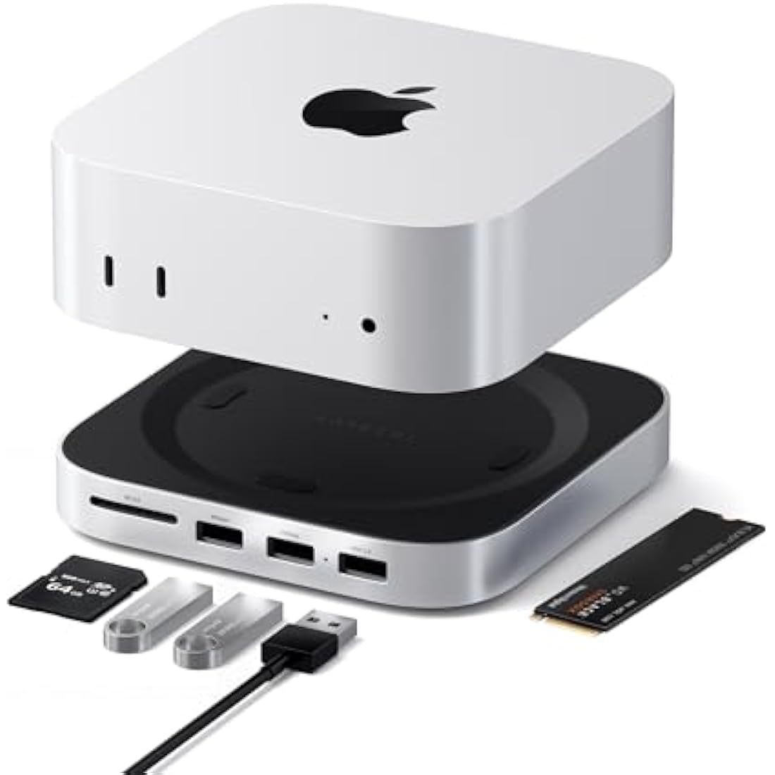 SATECHI Mac Mini M4 Hub & Stand with NVMe SSD Enclosure, Dock with 2 USB-A Up to 10Gbps Ports, USB-A Data Port, SD Card Reader for Mac Mini M4, M4 Pro - Silver