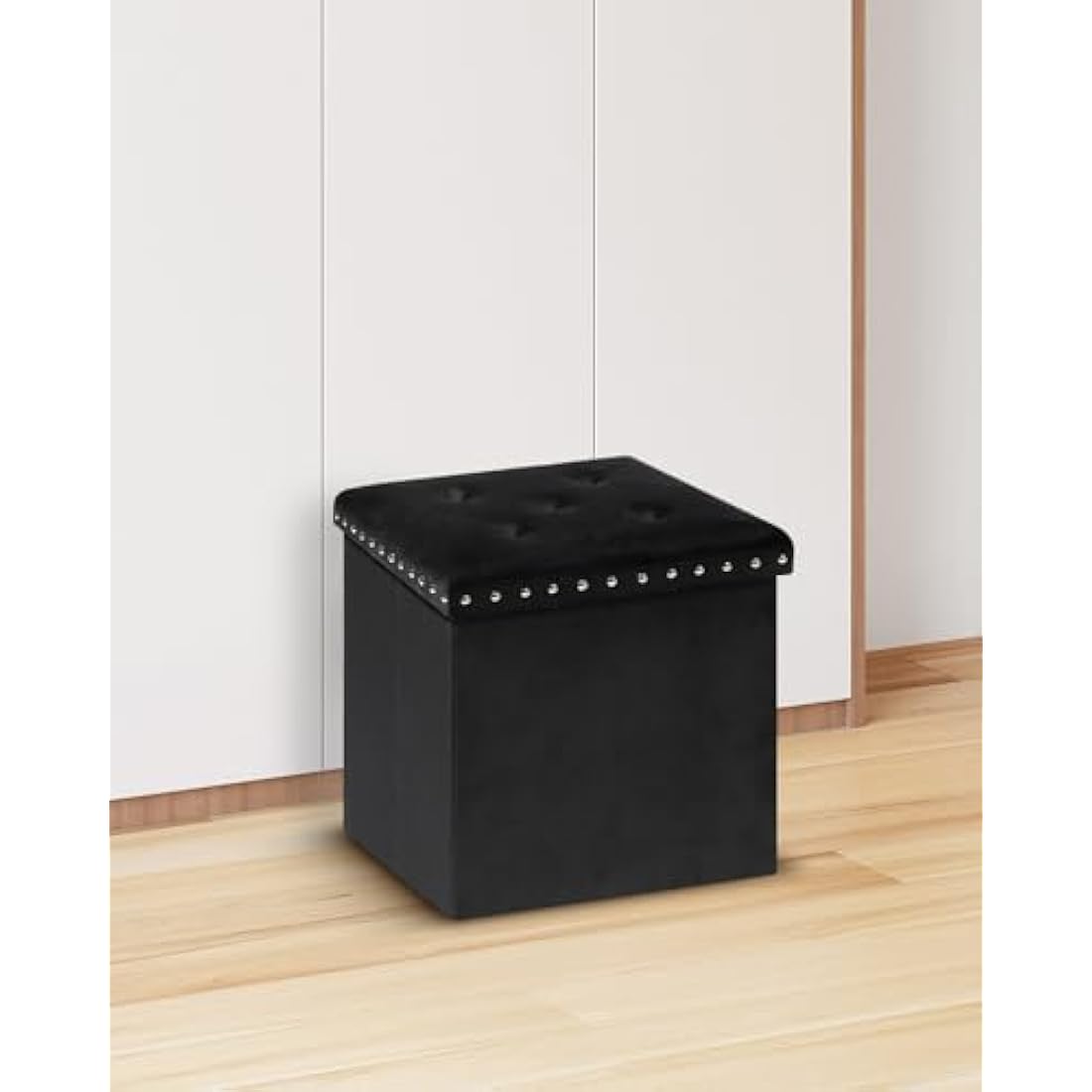 Bonlife Velvet Ottoman with Storage,Large Storage Boxes with Lids,Folding Coffee Table Ottoman Seat,Footstool for Living Room,Black,40x40x40cm