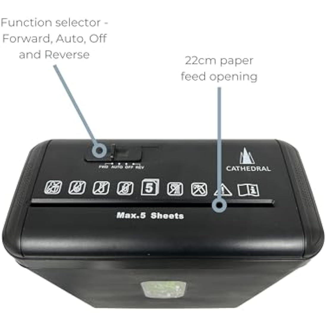 Cathedral Products 5 Sheet P3 Cross Cut Shredder with 8.5 Litre Bin, Auto Paper Detection & Forward and Reverse Functions