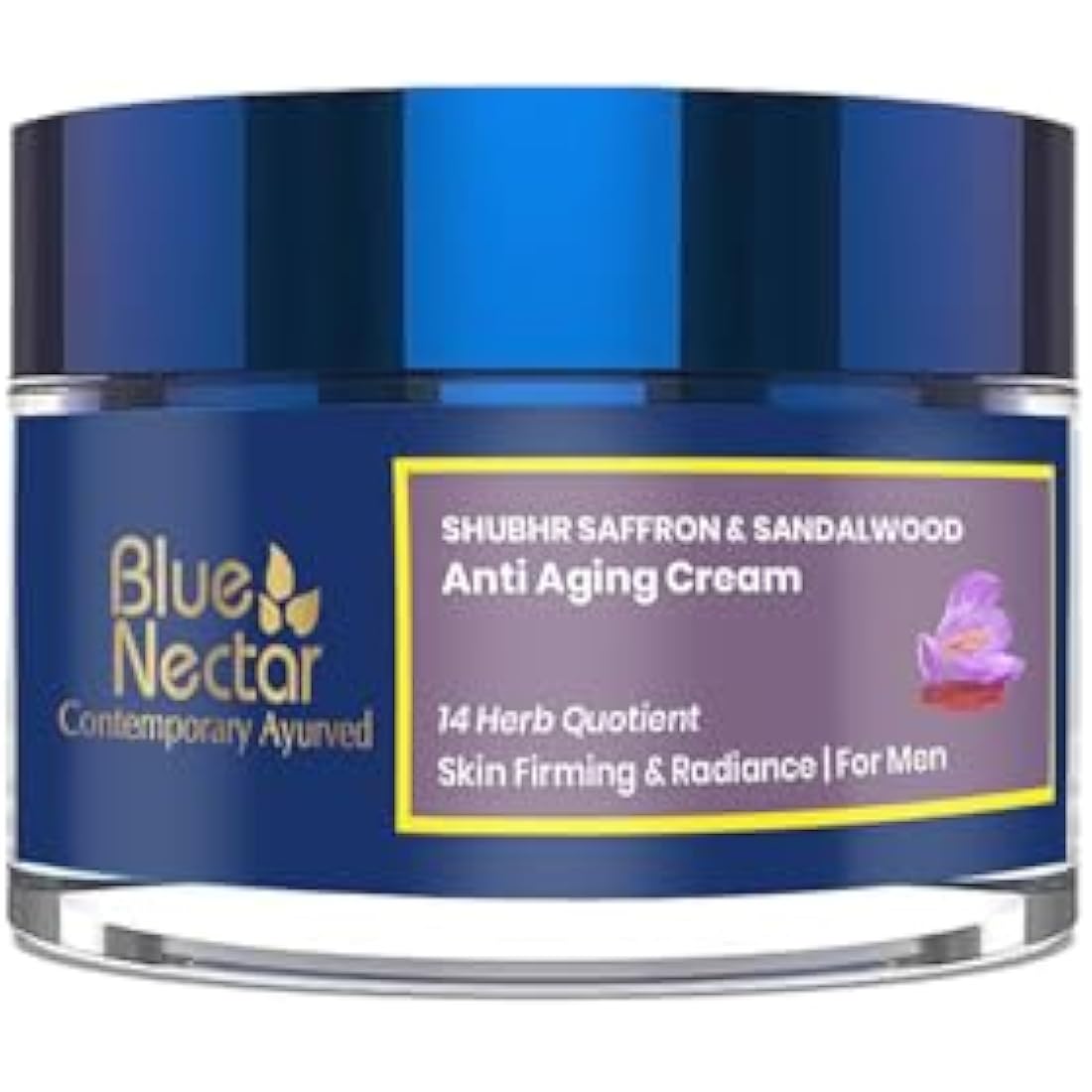 Blue Nectar Men Face Cream, Natural Skin Brightening Cream, Anti Aging Face Cream for Men with Sandalwood, Saffron and Almond Oil (14 Herbs, 50g)