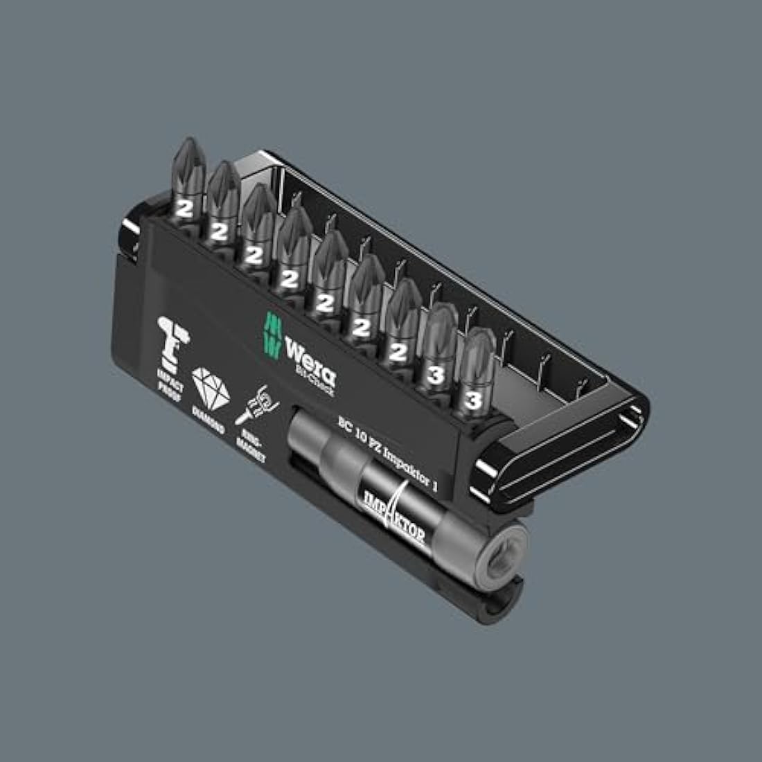 Wera Bit-Check 10 PZ Impaktor 1 TriTorsion Long Life Pozidriv bit set for all impact drills, with Impaktor holder, 10pc, 05057684001
