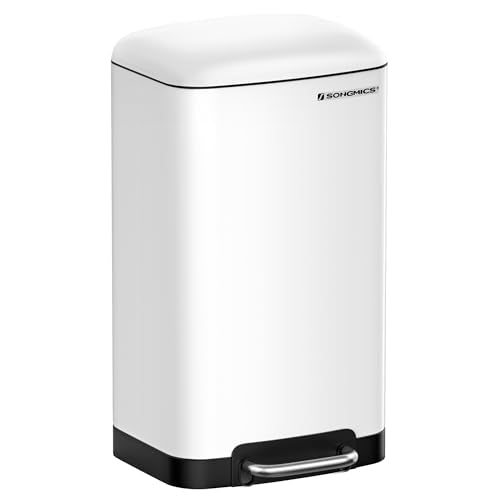 SONGMICS Kitchen Bin, 8 Gallon (30L) Rubbish Bin, Steel Pedal Bin with Lid and Inner Bucket, Soft Close, White LTB01W