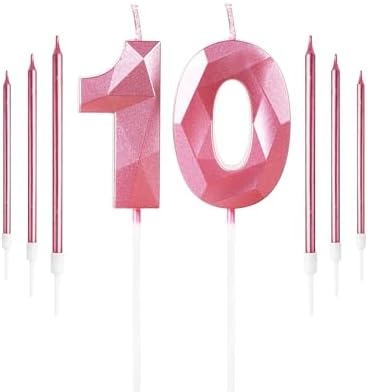 Girls Pink 10th Birthday Candles Set, Number 10 Candle with Girls Pink Long Candles, Birthday Candles for Cake, Birthday Candle, Cake Candles Cake Topper Decorations for Women Birthday Party Wedding