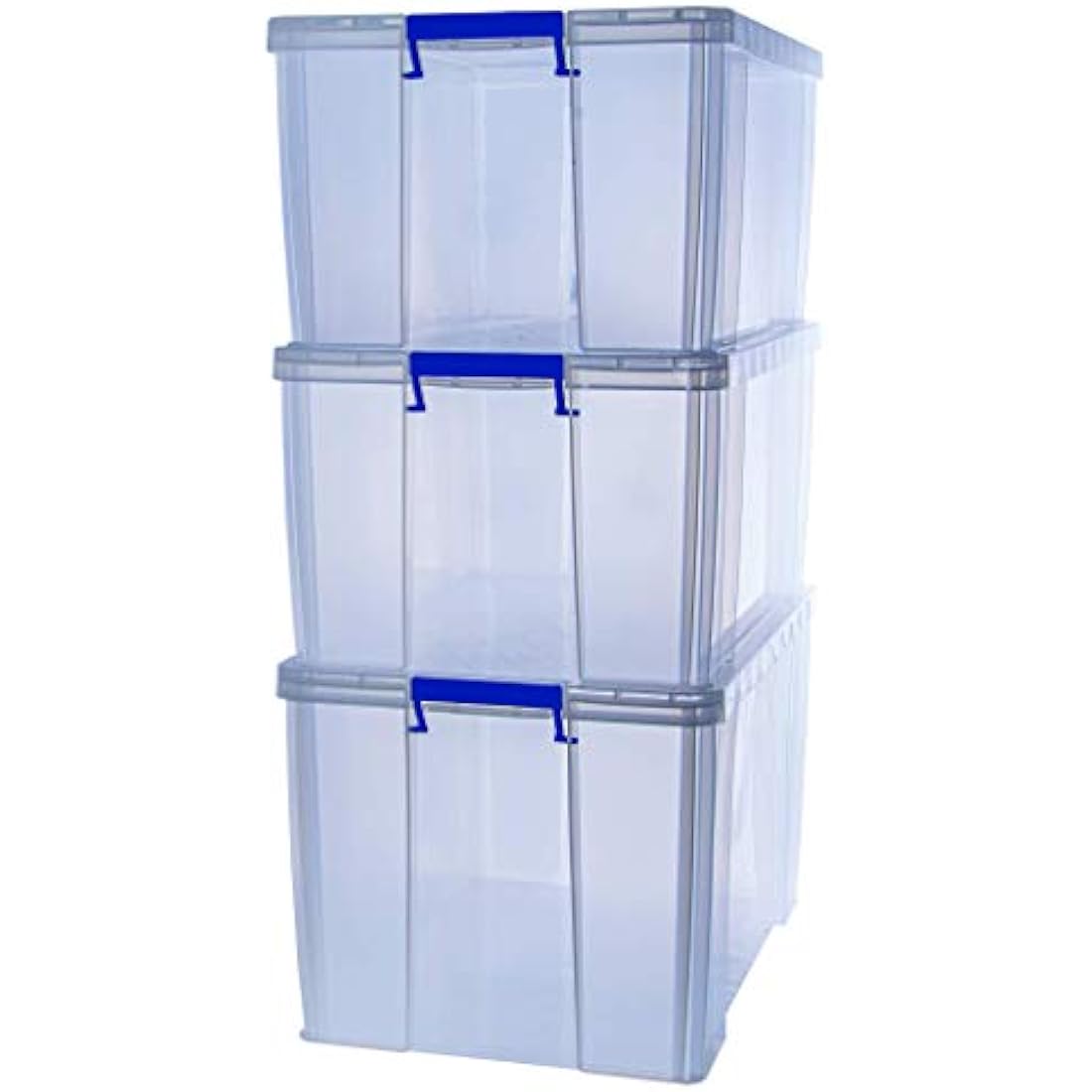 BANKERS BOX Plastic Storage Boxes with Lids, Pack of 3, 2 x 70 Litre + 1 x 85 Litre. ProStore Strong Stackable Plastic Storage Boxes, Made in the UK, Clear