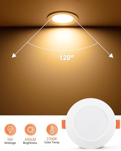Tomosu LED Downlights for Ceiling Warm White 2700K 5W 450LM, AC 220-240V, Cut Φ75-90mm, 24mm Ultra Slim LED Recessed Ceiling Lights, IP44 Spotlights for Bathroom, 20 Pack