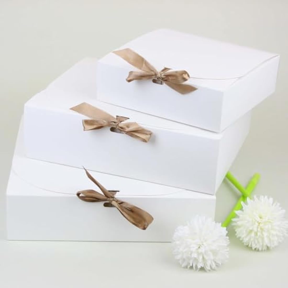 Emartbuy Pack of 12 Square Shaped Presentation Gift Box, 24 cm x 24 cm x 5 cm, Easy Assembly, White Box with Bow Ribbon