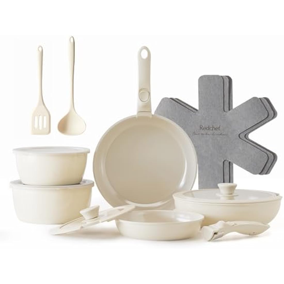 Redchef 16pcs Ceramic Pots and Pans Set Non Stick, Nonstick Kitchen Cookware Set with Detachable Handle, PFAS PFOA & PTFE Free, RV Ceramic Cookware Set for Camping, Oven Safe（Beige White