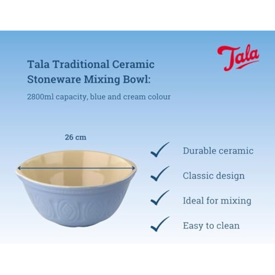 Tala Traditional Stoneware Mixing Bowl in Blue/Cream Design, 2800ml