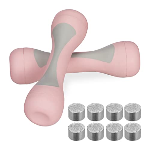 Relaxdays Dumbbells Adjustable, Set of 2, Fitness Weights 1KG, 1,5KG, 2KG, Rubberised, Gym Equipment for Women, Pink, 25x7x7cm