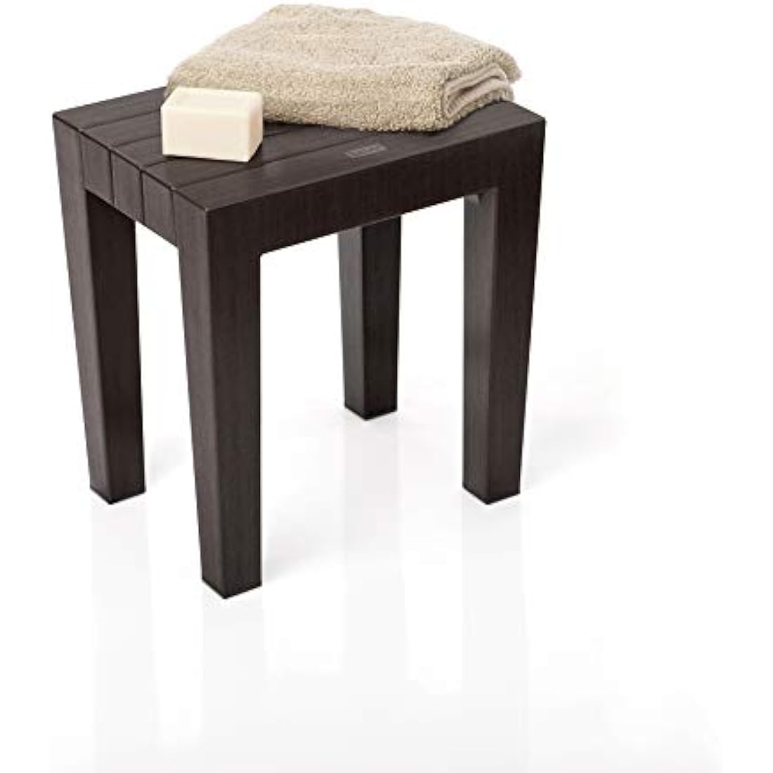 TATAY rectangular stool made of brown textured polypropylene, with a wood effect finish. Anti-UV protection, suitable for indoor and outdoor use. Size 38x29x41m5 cm