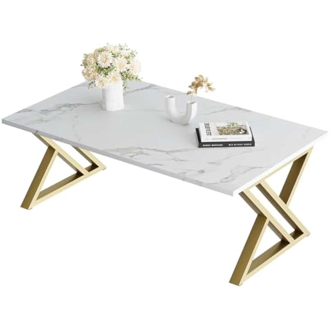 Coffee Table, Living Room Table, Center Tea Tables, Rectangular Tea Tables, End Side Desk with Gold Metal Frame for Living Room Bedroom Office, Modern Open Design, 39.3 x 18.9 x 17.7 IN, White/Gold
