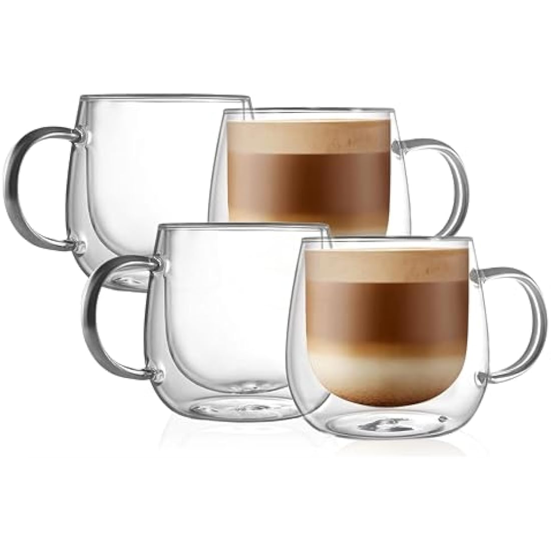 CNGLASS 480ml/16oz Double Walled Glass Coffee Mugs Set of 4,Large Clear Coffee Cups with Handle,Glass Cappuccino Mugs for Latte,Milk,Tea