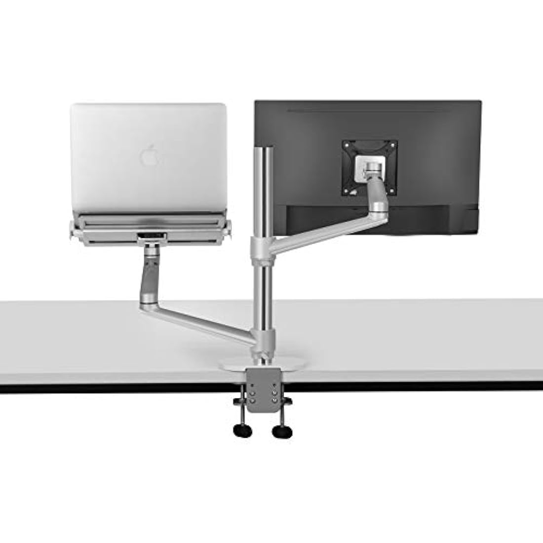 Thingy Club Dual Arm Monitor & Laptop Mount, Desk Mount Stand for up to 30 inch Computer Screen and 12-17 inch Laptop, Height Adjustable, Swivel at Any Angle, Each Arm Supports 8KG (Silver)