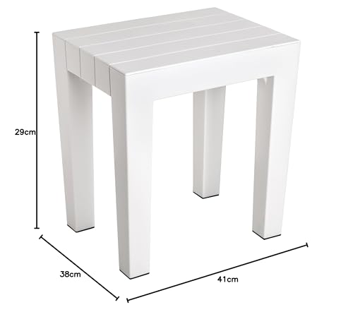 TATAY rectangular stool made of white textured polypropylene, with a wood effect finish. Anti-UV protection, suitable for indoor and outdoor use. Size