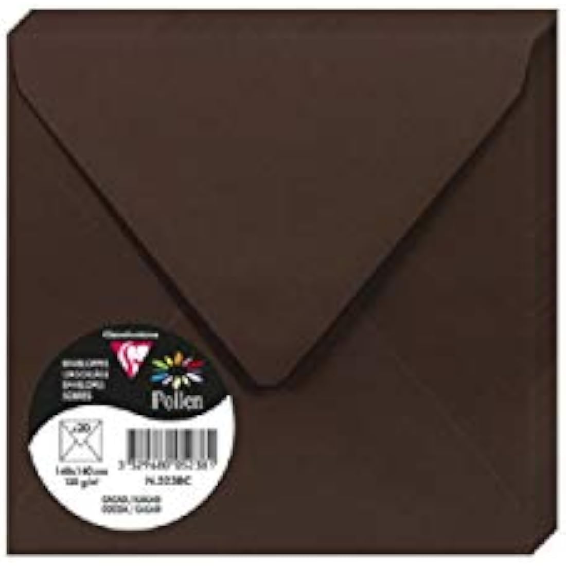 Clairefontaine - Ref 5238C - Pollen Envelopes (Pack of 20) - 140 x 140mm Sized, 120gsm Paper, Gummed Seal, Inkjet & Laser Printer Compatible, Acid Free - Cocoa