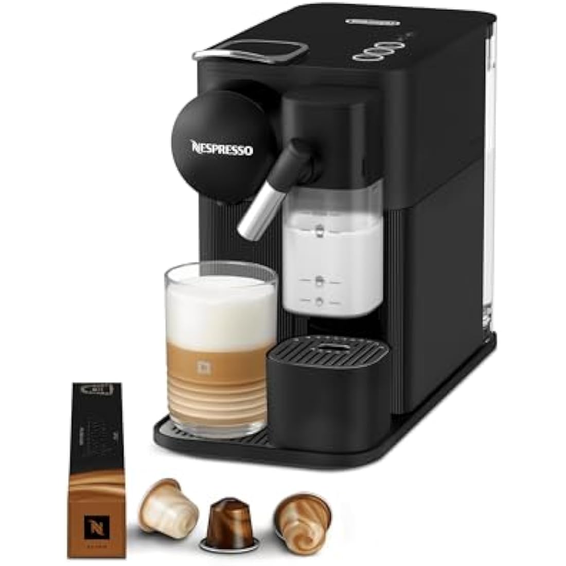 Nespresso Lattissima One Coffee Machine by De'Longhi for Original Coffee Pods, Latte, Cappuccino, Integrated Milk Frother, Starter Capsule Set Included, EN510.B, Black