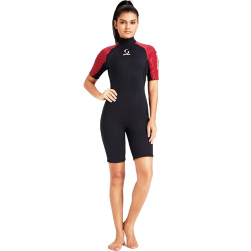 Wetsuit Womens Back Zipper Short Wetsuit Men 3mm Neoprene Short Sleeve Wetsuit for Surfing Swimming Kayaking Snorkeling Canoeing Scuba Diving (Red)