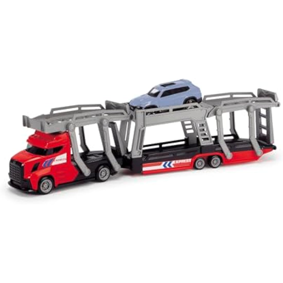 Majorette Car Carrier 2-asst - Free-wheeling car transporter with three die-cast toy cars - included in the set. - 28cm long