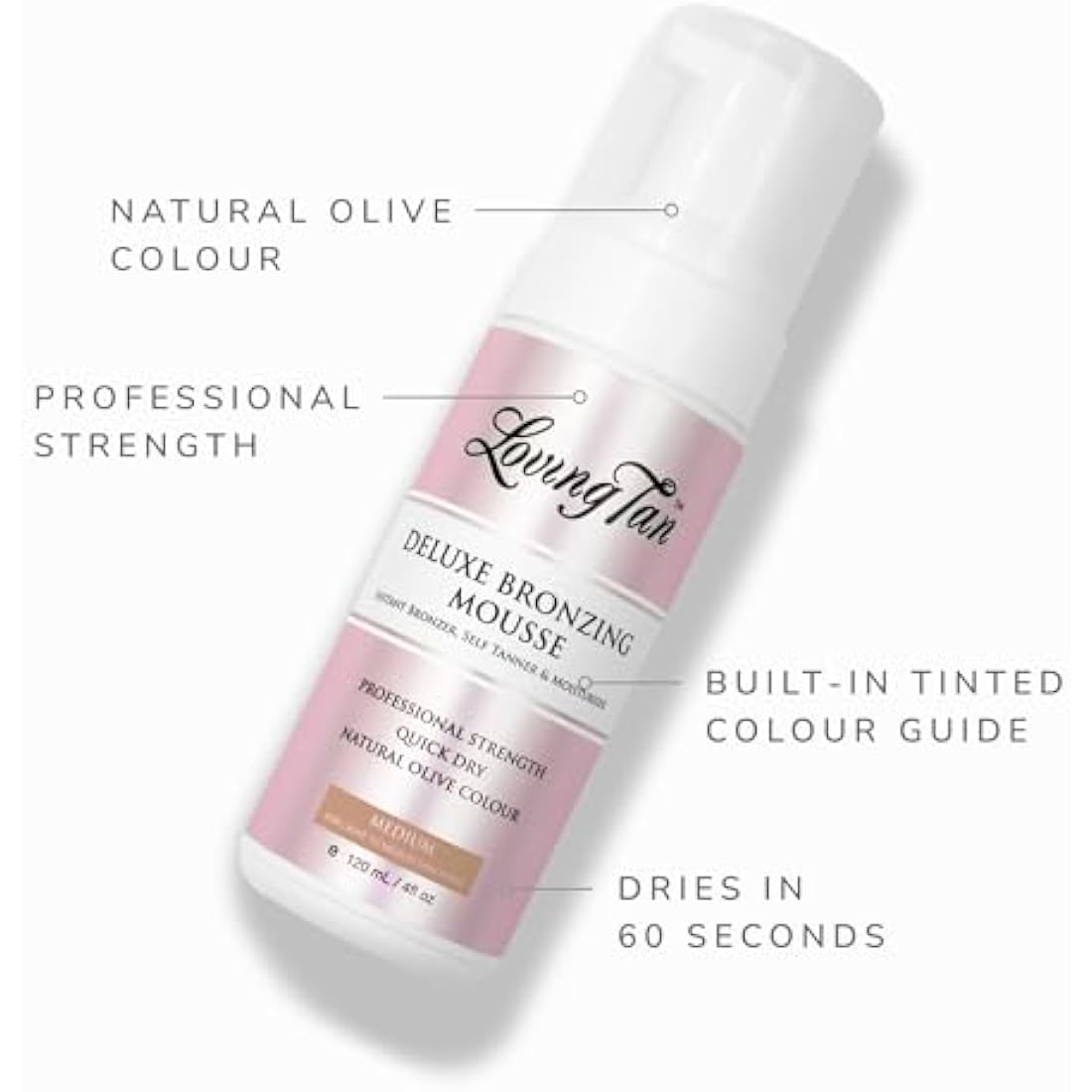 Loving Tan Deluxe Bronzing Mousse, Medium - Streak Free, Natural looking, Professional Strength Sunless Tanner - Up to 5 Self Tan Applications per Bottle, Cruelty Free, Naturally Derived DHA - 120ml