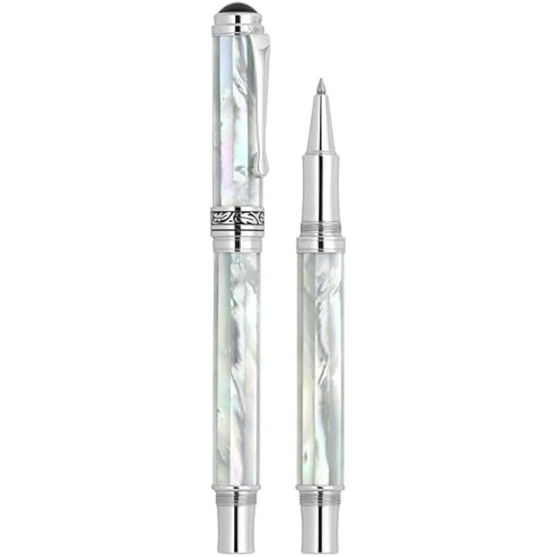 Xezo Maestro Rollerball Pen, Fine Point. Oceanic White Mother of Pearl with Chrome Plating. Handcrafted, Limited Edition, Serialized. No Two Pens Alike