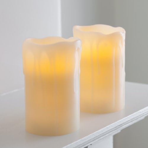 Lights4fun Set of 2 Flameless Dripping Wax Church Pillar Battery Operated LED Candles with Timer