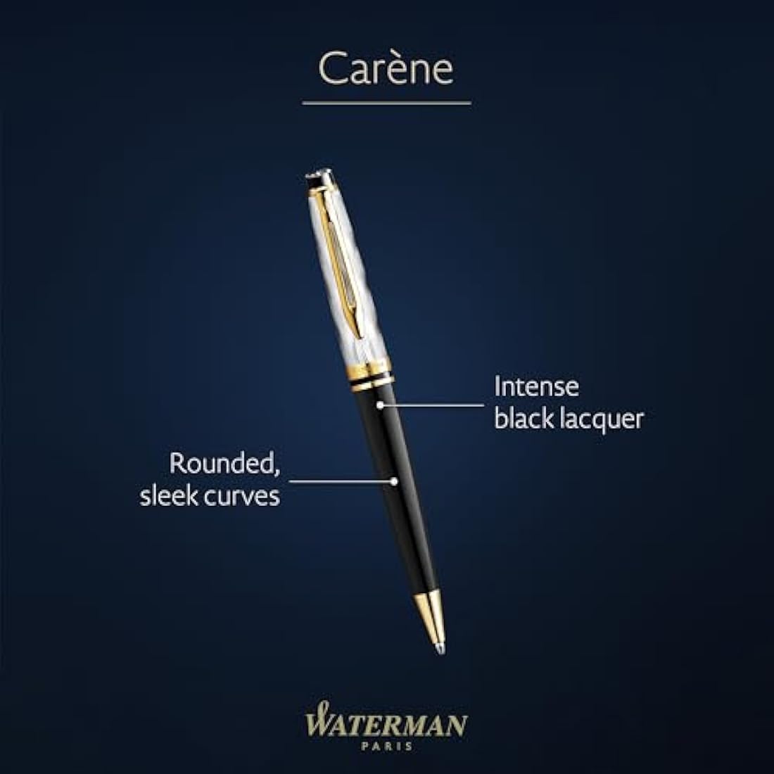 Waterman Carene Ballpoint Pen | Metal & Black Lacquer with Gold trim & Chiselled cap | Medium Tip | Blue Ink | Gift Box