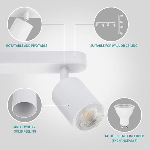 wowatt 4 Way Ceiling Spotlight Bar White, Modern Ceiling Light Fitting Adjustable with GU10 Socket Spot Lights Ceiling Indoor Spot Lamp Rotatable for Kitchen Bedroom Hallway, GU10 Bulb Not Included