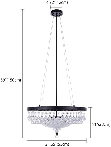 Wellmet Modern Black Crystal Chandelier, Drum 4-Light Crystal Droplet Chandelier Lighting Fixture for Living Room, Foyer, Kitchen, Dining Room, Bedroom 21.65''W