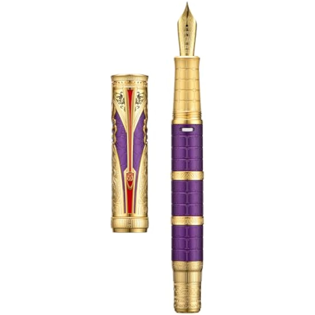 HONG DIAN Hongdian D5 Qin Dynasty Fountain Pen Purple Gold, Extra Fine Nib, Piston Filling, Retro Chinese Totem Engraving, Pen Box Set