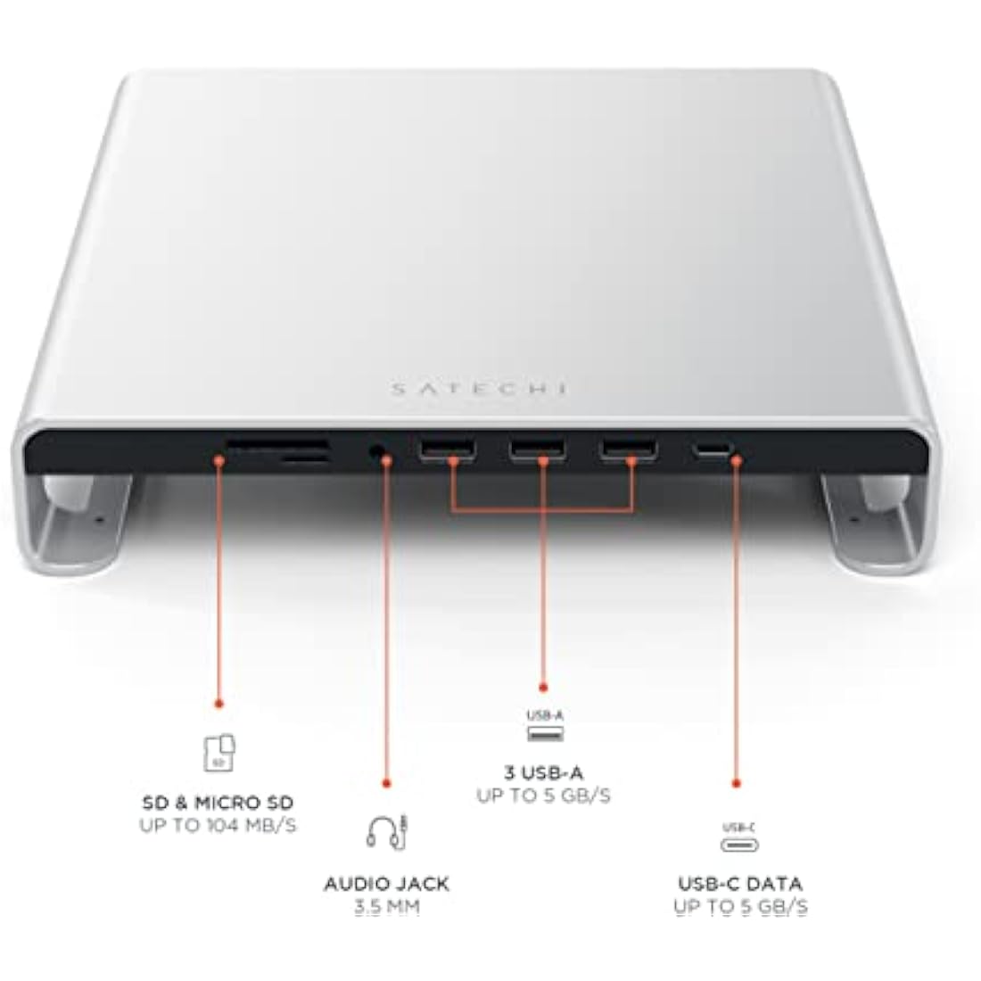 SATECHI Type-C Aluminum Monitor Stand Hub with USB-C Data, USB 3.0, Micro/SD Card Slots & 3.5mm Headphone Jack - For Apple Studio Display, iMac, iMac Pro (Silver)