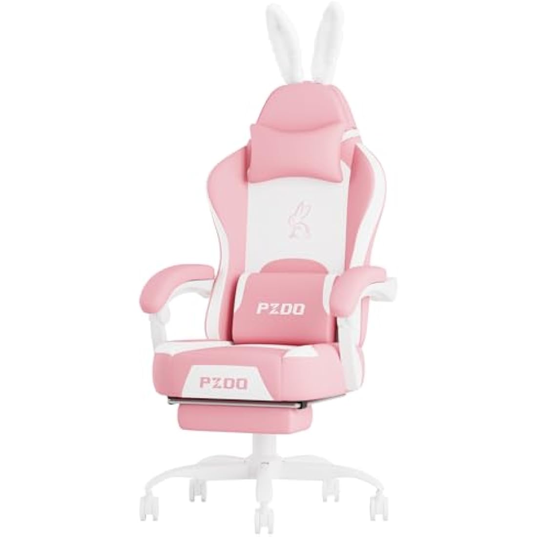 PZDO Pink Gaming Chair,High Back Computer Chair with Footrest, Kawaii Gaming Chairs for Girls Adults Women Kids, Reclining Chairs with Bunny Ear & Lumbar Support, Gift(Pink-White)