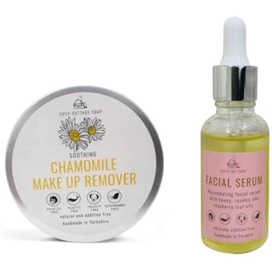 Cosy Cottage Natural Skincare Bundle - Chamomile Makeup Remover (100ml) & Rosehip and Raspberry Leaf Oil Face Serum (30ml) | Gentle Cleansing and Deep Hydration | Natural | Plastic-Free & Eco-Friendly