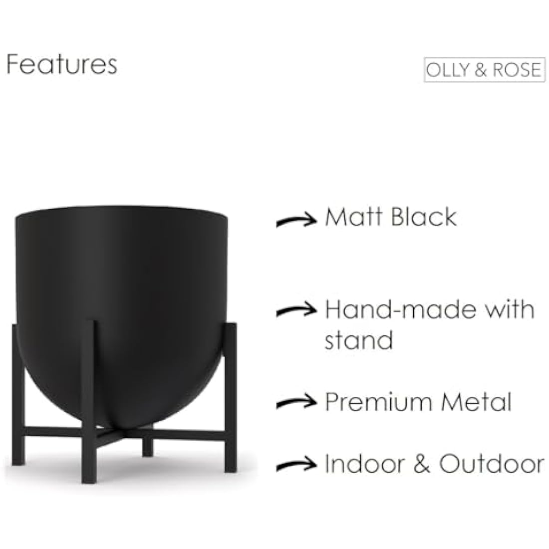 Olly & Rose Plant Pot with Plant Stand - Metal Plant Pots Indoor Planter Large Flower Pot (Black, 22cm)