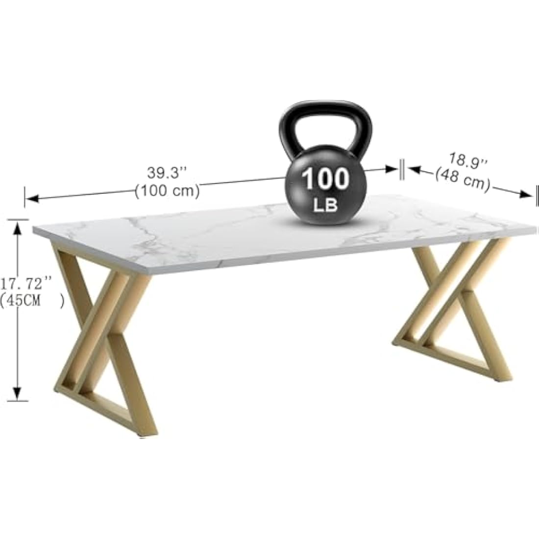 Coffee Table, Living Room Table, Center Tea Tables, Rectangular Tea Tables, End Side Desk with Gold Metal Frame for Living Room Bedroom Office, Modern Open Design, 39.3 x 18.9 x 17.7 IN, White/Gold