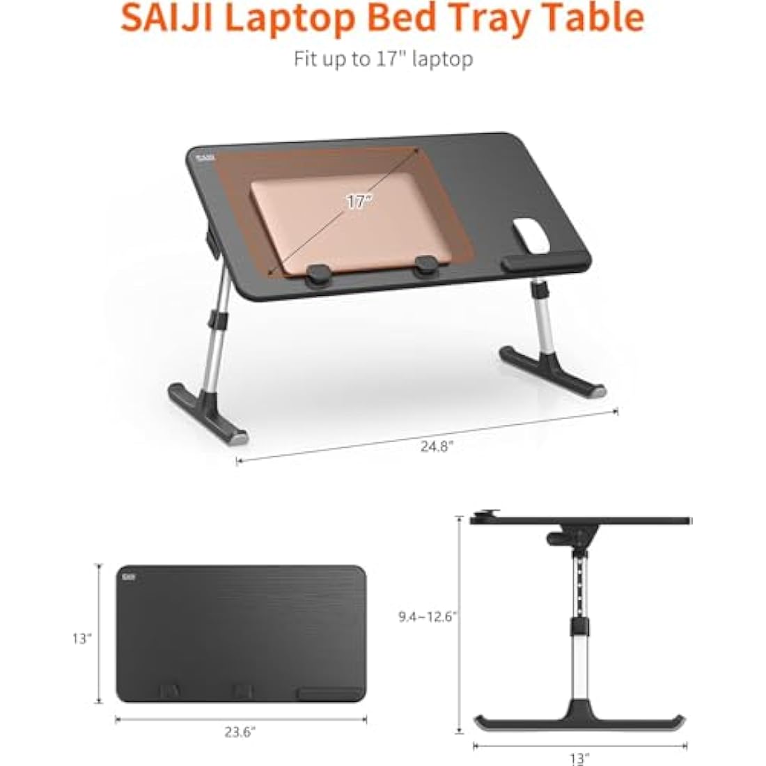 Desk, Table, SAIJI Adjustable Laptop Stand, Breafast Tray, 5 Heights, 4 angles, Stable folding Table for Bed Sofa Desk, Fit up to 17'' Laptop (60 * 33cm Black)