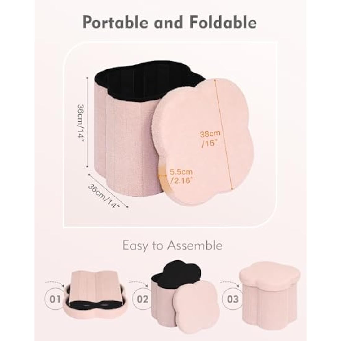 Bonlife Pink Ottoman Storage Box,Folding Storage Seat Box,Small Footstool For Living Room,Kid's Toy Chest Box,Teddy Flower Shape,38x38x38cm