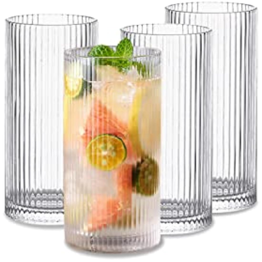 INSETLAN 370ml Drinking Glasses Set of 4,Vintage Ribbed Cup Glassware,Origami Style Transparent Cocktail Glasses Set, Bar Beverages Iced Coffee Cup Juice Ripple (L-370ML)