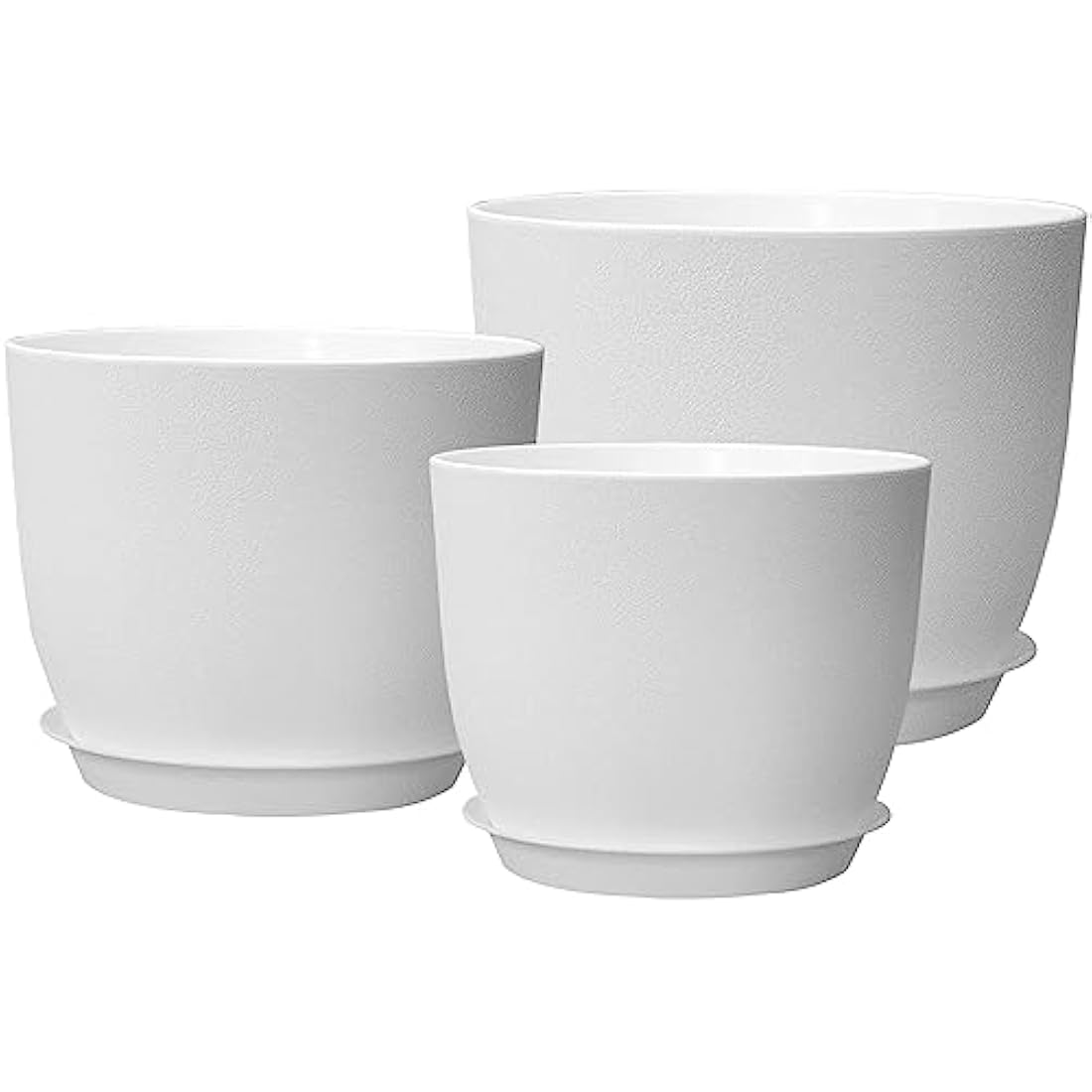 PROFIKLA 20cm, 18cm, 16cm Plastic Plant Pots, Plant Pots with Drainage Holes and Saucers, A Set of 3 Flower Pots, Modern Decorative Planters, White