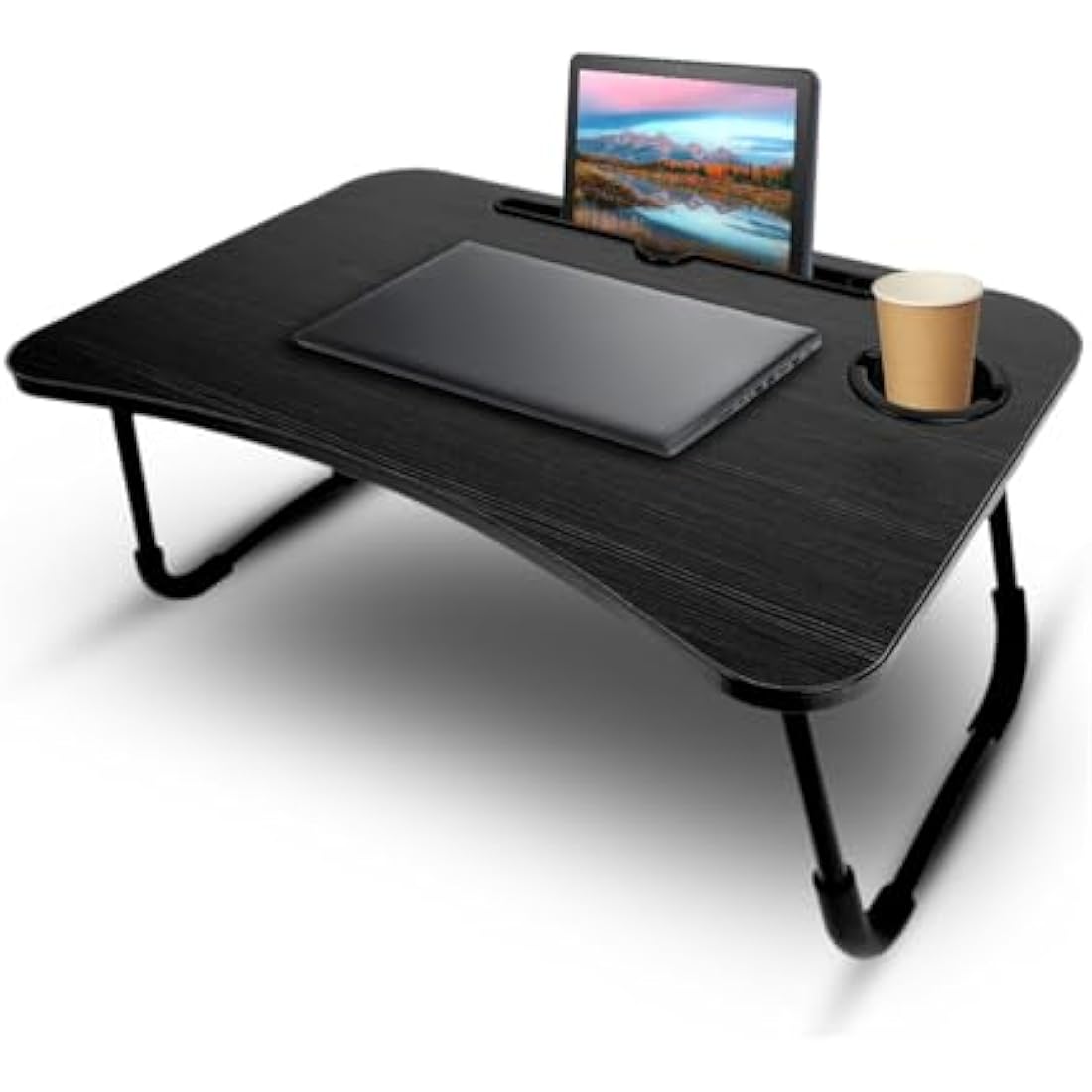 KKTECH Folding Laptop Bed Table Lap Standing Desk Sofa Breakfast Table Bed Tray Laptop Lap Desk with Cup Holder Notebook Stand Steel Legs 60x40x28cm (Black)