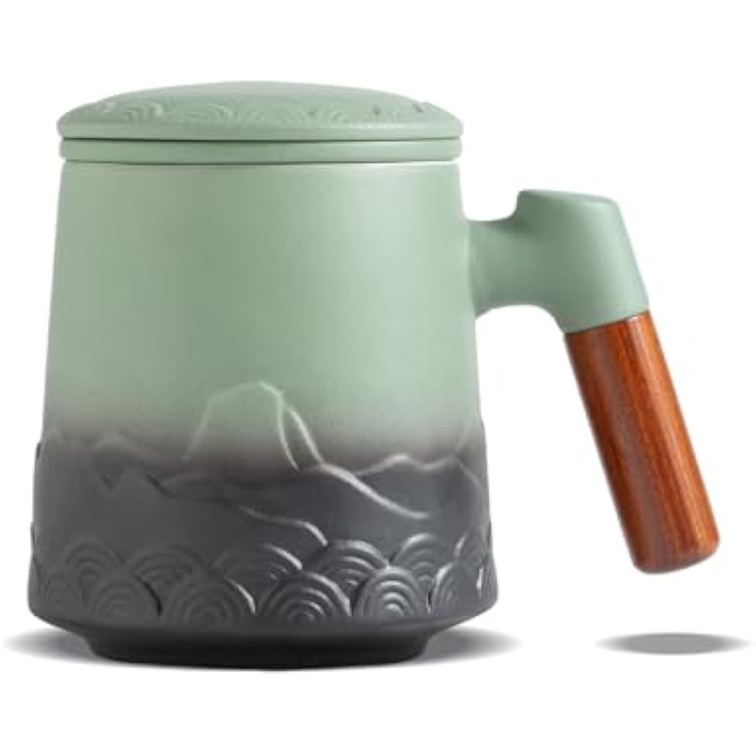 ZENS Embossed Ceramic Tea Mug With Infuser and Lid - 500 ML Loose Leaf Cup With Strainer, Wood Handle - Gifts for Tea Lovers, Steeper Accessories