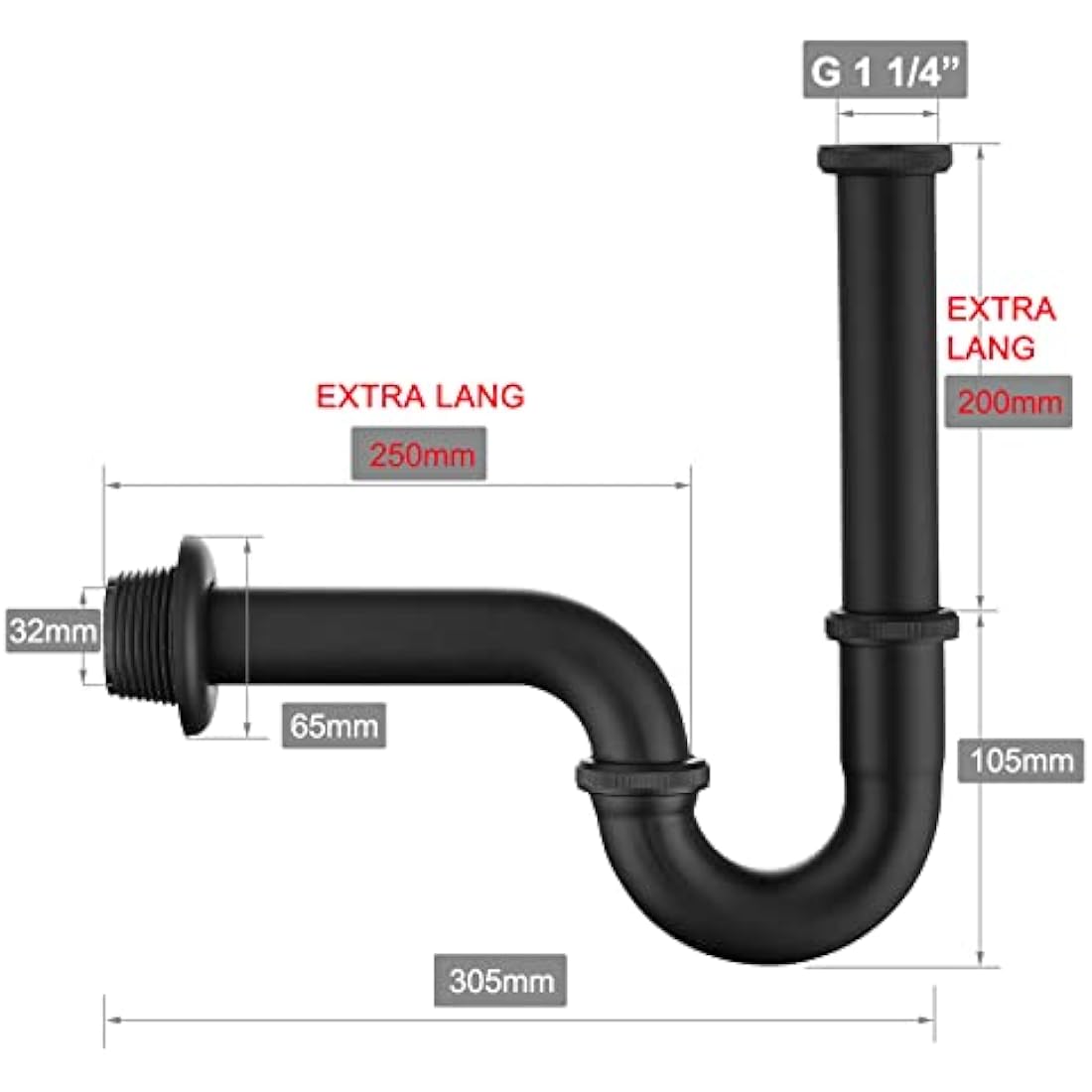P Trap 1 1/4" x 32mm, Keymark Brass Universal Sink Waste Traps with Extra Long Extension Tube and Wall Pipe, Matte Black
