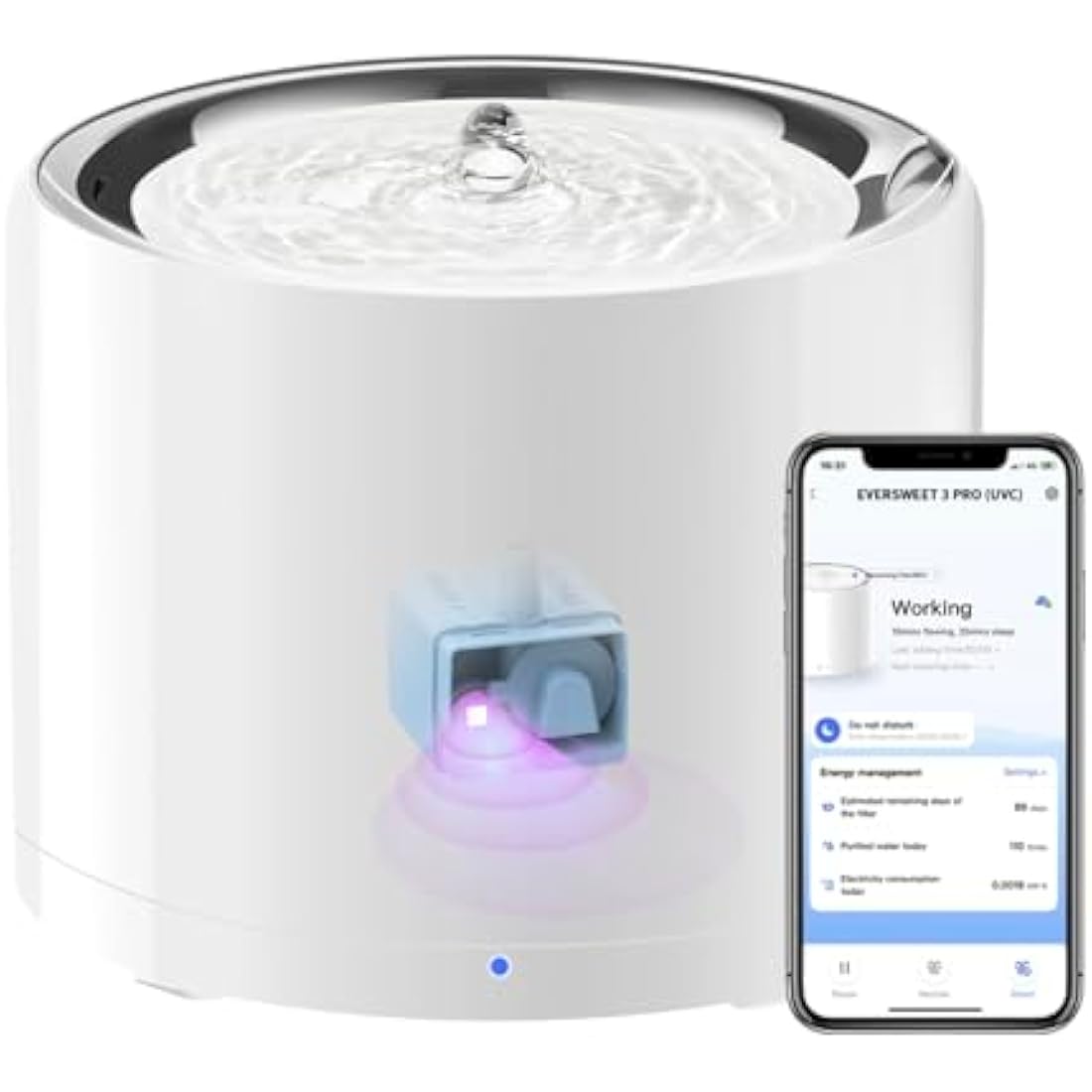 PETKIT Cat Water Fountain, UVC Wireless Pump, APP Control, 1.8L Cat Fountain Stainless Steel, Ultra Quiet, Hygienic Fresh Water for Cats Dogs, 3 Working Mode, Smart LED Light, Activated Carbon Filter