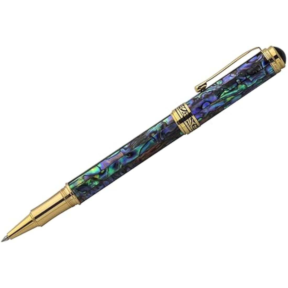 Xezo Maestro Fine Point Rollerball Pen, Iridescent Paua Sea Shell with 18 Karat Gold Plating. Handmade, Limited Edition, Serialized. No Two Alike