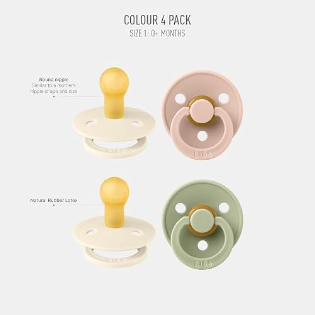 BIBS Dummies Colour 4-Pack, BPA Free Dummy Pacifier, Round Nipple Soothers, Natural Rubber Latex, Made in Denmark. 0-6 Months (Pack of 4), Ivory Mix